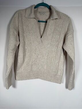 Frye and Co. Cream Speckled Cable V-Neck Polo Sweater Western, Equestrian